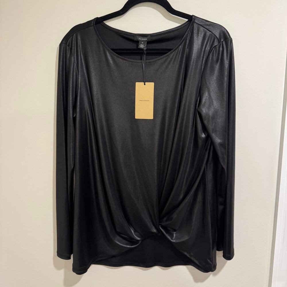 Halogen Womens Black Shiny Long Sleeve Knotted Shirt Top Size Medium NEW